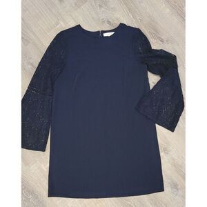 NWT LOFT Navy Blue Dress W/ Black Sheer Fluted Lace Sleeves Size‎ 10 MOB MOG